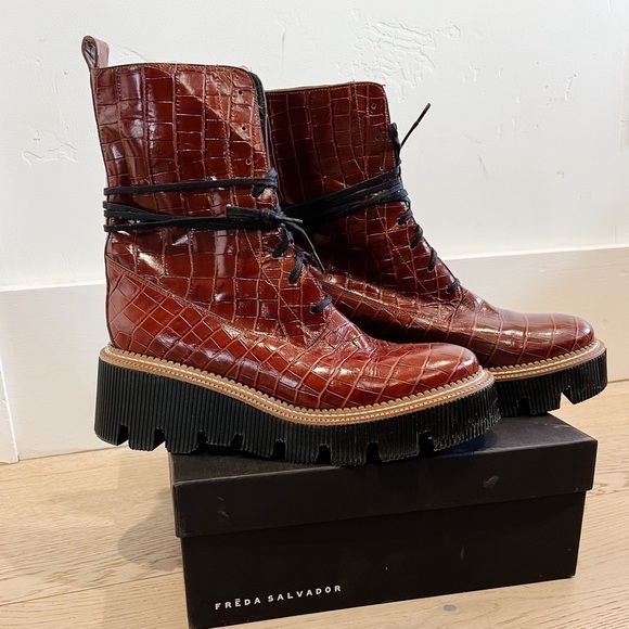 Freda Salvador Billie Platform Combat Boot in Brick Red Embossed Croc. SOLD OUT - Picture 4 of 7